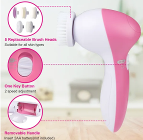 Facial Cleansing Brush Waterproof Face Spin Cleaning Brush With 5 Brush Heads (Color: Pink)